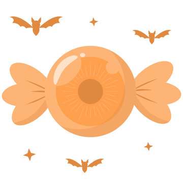 Cute Kawaii Pastel Orange Eyeball Candy with Bats Vector