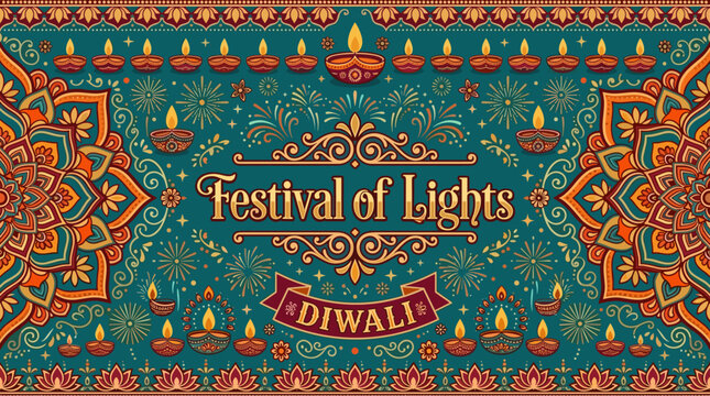 Diwali Festival of Lights ornate banner with diya lamps mandalas and fireworks