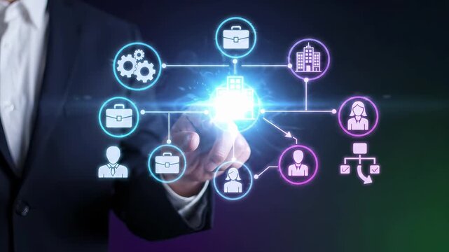 Businessman in a suit interacting with a corporate network interface. Company management, organization structure, and human resources connect employees and executives. Business teamwork