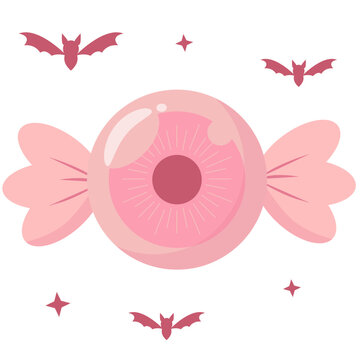 Cute Kawaii Pastel Pink Eyeball Candy with Bats Vector