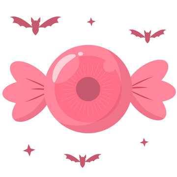 Cute Kawaii Pastel Red Eyeball Candy with Bats Vector