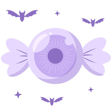 Cute Kawaii Pastel Purple Eyeball Candy with Bats Vector