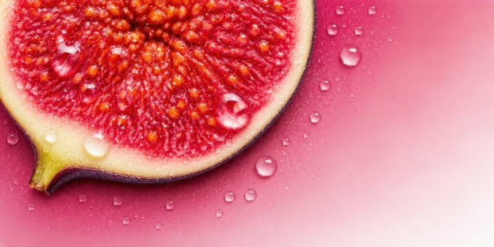 Fresh fig macro background with realistic water droplets vibrant ripe fruit texture and clean copy space for food or cosmetic design