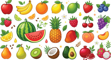 Fresh fruit vector illustration collection featuring organic apple banana strawberry watermelon pineapple mango and colorful berry icons isolated on white background ©  Jahangir