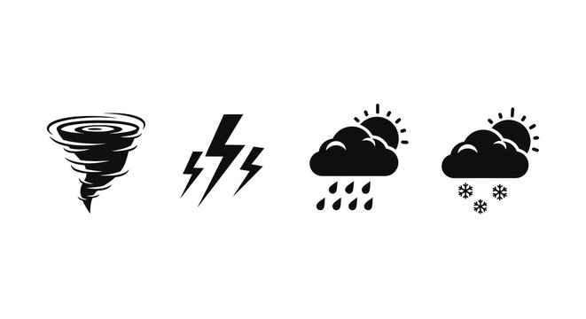 Weather icons featuring a tornado lightning rain and snow in a black silhouette climate meteorology tornado vortex whirlwind lightning bolt