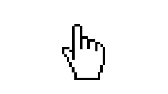 Retro 8-bit pixel art hand pointer, computer mouse cursor ui element isolated on transparent background.
