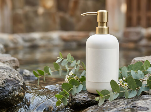 White cosmetic bottle with gold pump on natural rocks by river in North America area.