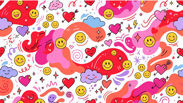 Colorful vector illustration of smiling faces, hearts, and various emoticons on a pink background