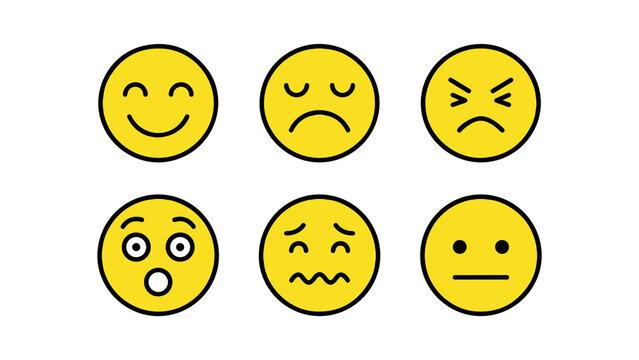 Six different yellow smiley faces with various expressions sad face angry face surprised face