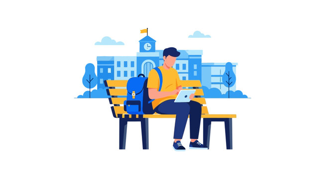 Male University Student Sitting on Bench Using Tablet for Online Learning on Campus Illustration