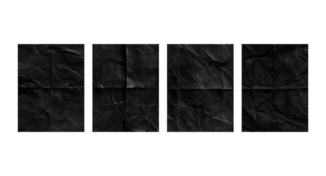 Crumpled black paper texture set, 4 folded dark poster mockups with realistic creases, distressed charcoal paper sheets for urban design and overlays