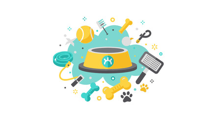 Naklejka premium Pet Shop Supplies Illustration with Food Bowl, Toys, and Grooming Accessories for Dogs and Cats