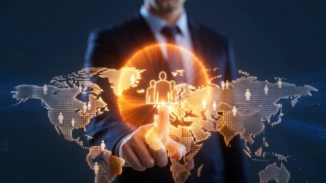 Businessman touching glowing globe with world map overlay during digital presentation