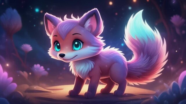 Adorable pink fox standing in a magical glowing forest with starry night sky background