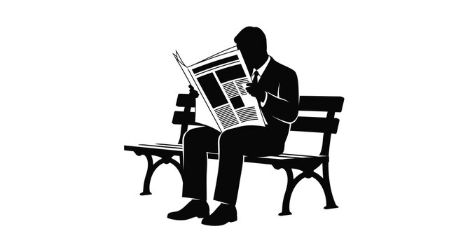 A man reading a newspaper on a park bench depicted as a black silhouette reader person figure individual news bench