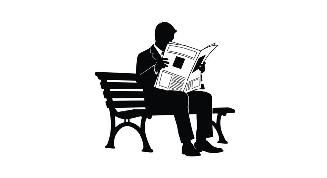 Man reading newspaper on park bench a black silhouette against a white background silhouette person figure male reader news bench