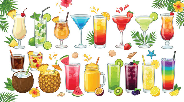 Tropical cocktail and summer drink vector collection featuring colorful mojito margarita pina colada fruit smoothie and juice icons isolated on white background