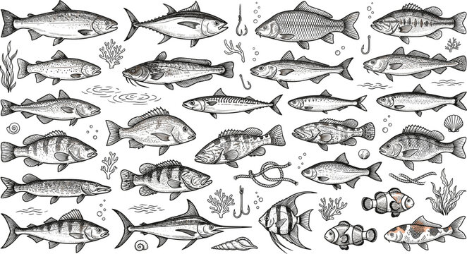 Vintage hand drawn fish vector collection featuring sea river seafood icons salmon tuna trout cod marlin and fishing elements isolated on white background