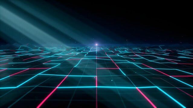 Deep perspective digital matrix with god rays &ndash; Great for cloud network processing, computing data paths, or futuristic wallpaper.