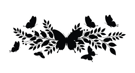 Black silhouette of butterflies and foliage creates a decorative floral arrangement a striking design silhouette butterfly leaves arrangement ornament white © AfiaIslam