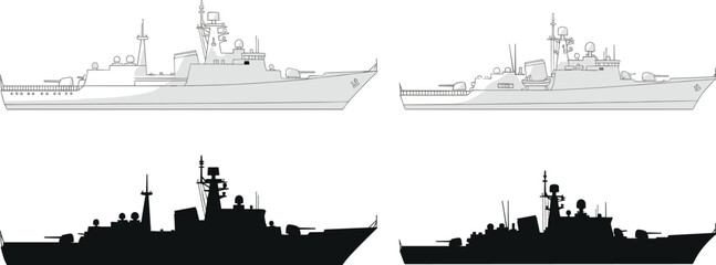 Four different military naval warship silhouettes featuring detailed side views of heavy armed patrol vessels. © Emongrapic