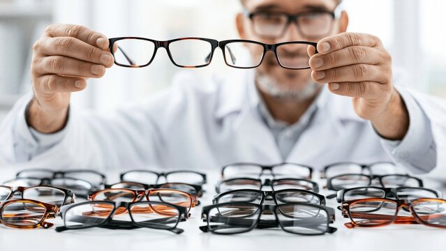 Man holding eyeglasses over a pile of frames in optical store