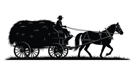 A horse drawn hay wagon with a driver depicted in a black silhouette horse carriage farm agriculture rural countryside transport vehicle © AfiaIslam