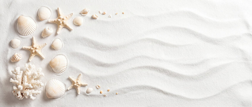 White sand with seashells flat lay featuring starfish and coral on wavy textured beach surface, providing a bright minimalist background with empty copy space for summer vacation banner designs