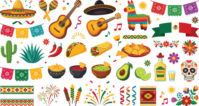 Cinco de Mayo Mexican fiesta vector illustration set featuring sombrero guitar pinata taco nacho tequila and traditional decoration elements isolated on white background