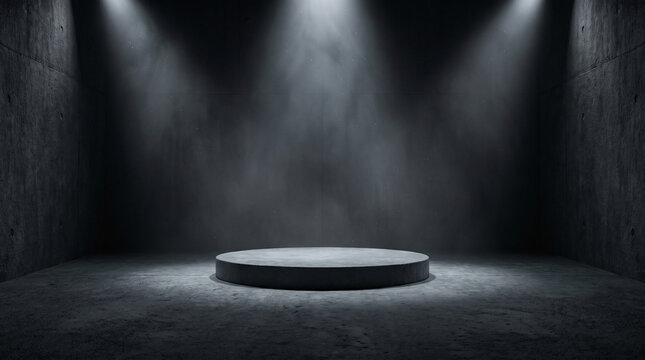 An empty concrete pedestal illuminated by dramatic spotlights in a dark industrial studio space.