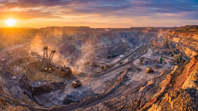 Giant bucket wheel excavator operating in an open pit mine at golden hour.