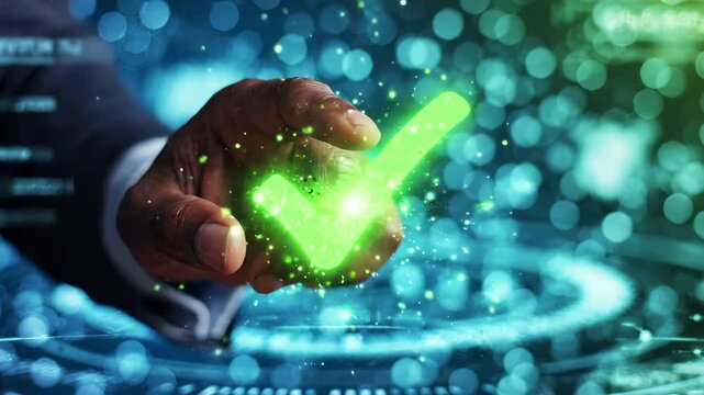 Person touches a glowing green checkmark on a digital interface. Quality assurance and approval process for business compliance, security verification and successful confirmation of trusted data