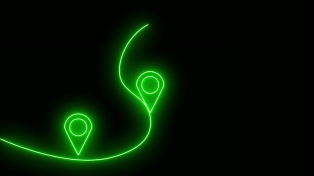 Neon location pins trace a glowing curved line across a black background video pin sign map marker pinpoint navigation gps