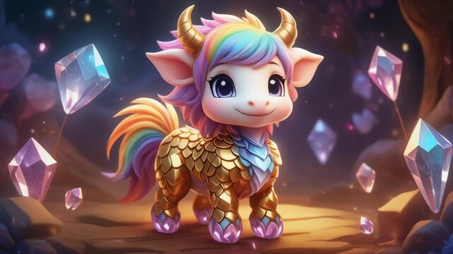 Charming cartoon ox character standing in a magical crystal cave with soft ethereal lighting