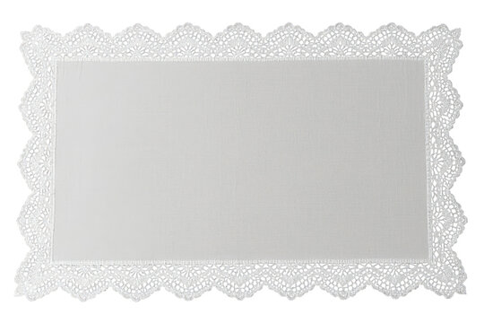 White canvas place mat with delicate embroidered lace border, vintage textile with transparent background for elegant design