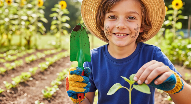 Happy child gardening with trowel and seedling in sunny field  