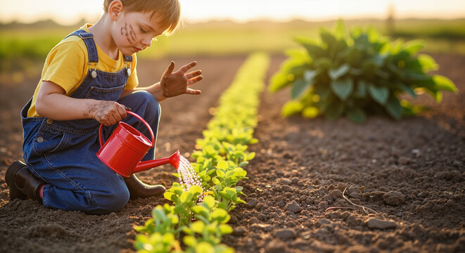 Young child watering plants in garden during sunset  