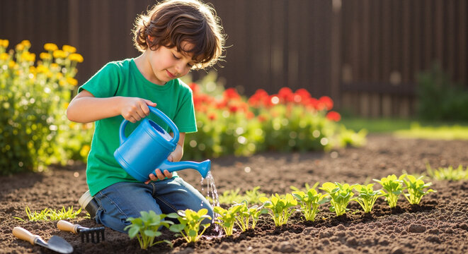 Young child watering plants in a garden during sunlight  