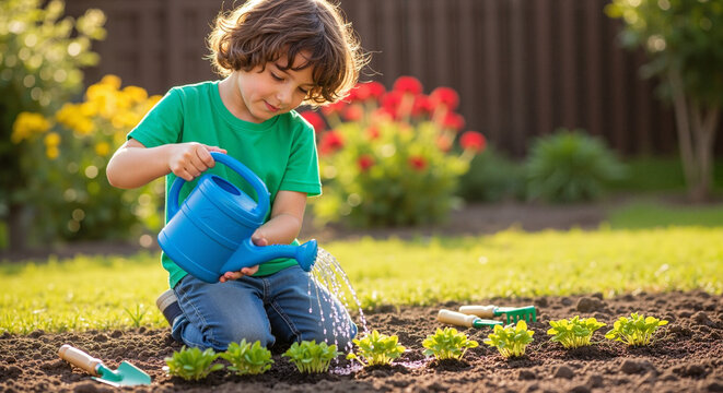 Young boy watering plants in garden during sunny day  