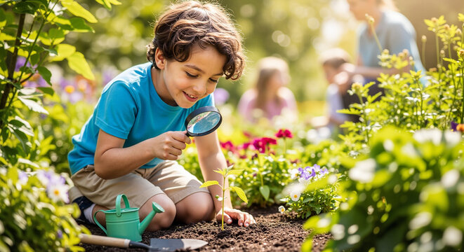 Young boy examining plants with magnifying glass in sunny garden  