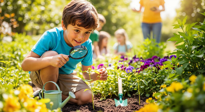 Young boy observing flowers with magnifying glass in sunny garden  