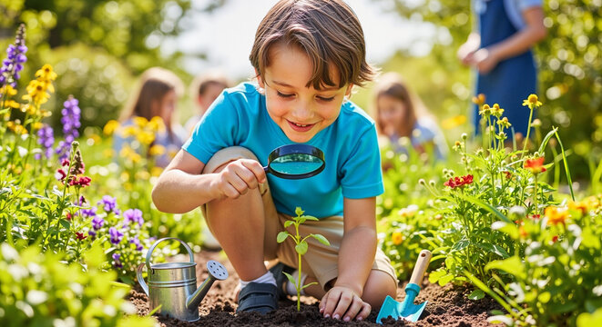 Young boy examining plant with magnifying glass in colorful garden  