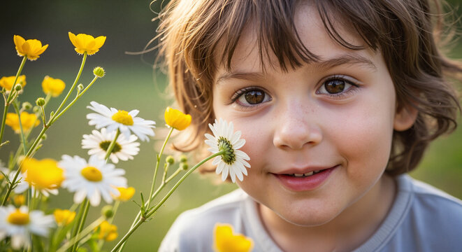 young child smiling while holding flowers in a sunny meadow  