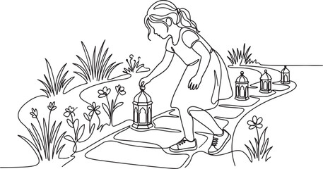 girl picking up lantern in garden with flowers © Sumon90cs