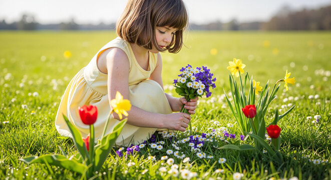 Young girl picking flowers in a sunny field during spring  