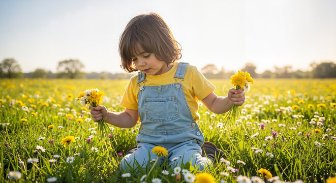Young child picking flowers and enjoying sunny day in meadow  