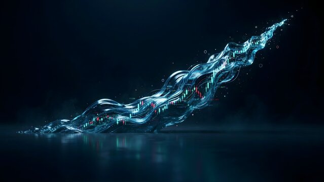 Translucent data wave with embedded ticker glyphs &ndash; Suitable for high-frequency trading networks, currency exchange systems, or finance keynotes.