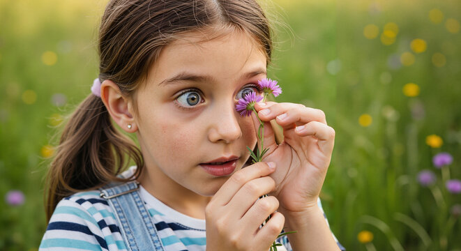 Young girl gazing at flower in bright meadow during daytime  