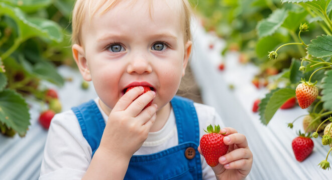 Toddler picking and eating strawberry in field on sunny day  