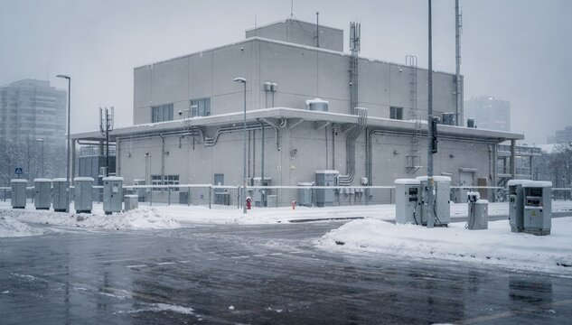 Snowcovered medium shot capturing a fiberfed telecom hubs exterior with the main building sharply defined and softfocus snowy streetside cabinets creating a serene winter urban